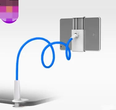 Black aluminium alloy and plastic bedside phone handset with long arm extended on a wooden table.