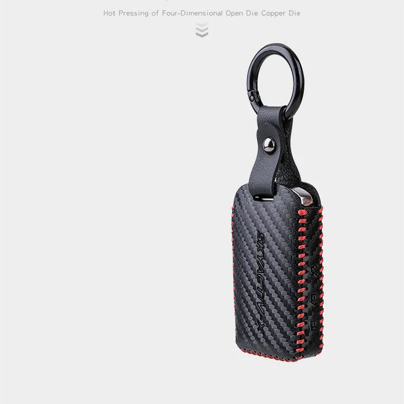 Black cow leather car key case for Angkersaila with 3D carbon fibre pattern and red line option