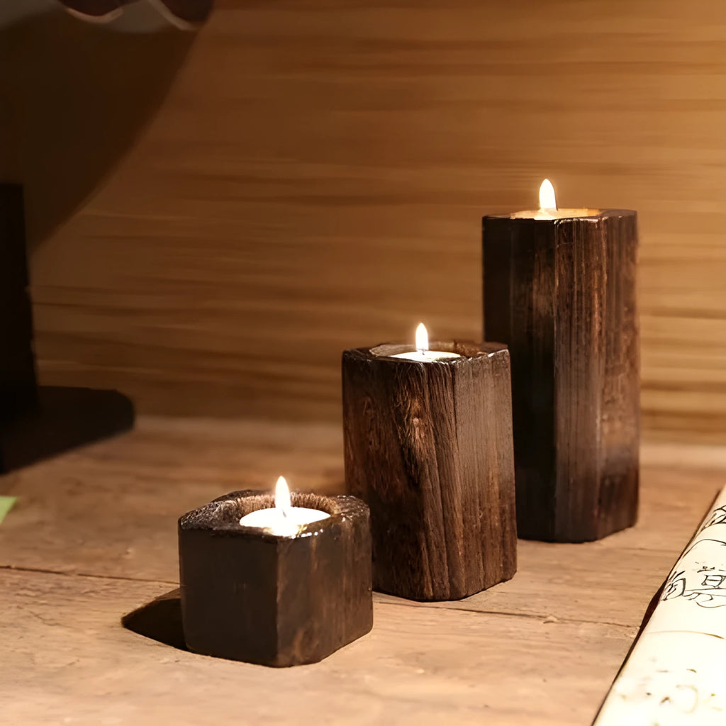 Solid paulownia wood candle holder with charcoal-fired finish, square 6cm top and 4.5cm candle opening
