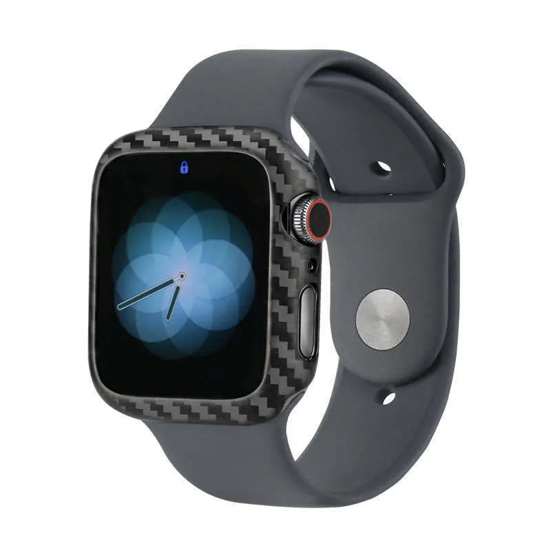 Carbon fibre Apple Watch 4 case with half-wrap leather design in 44mm size