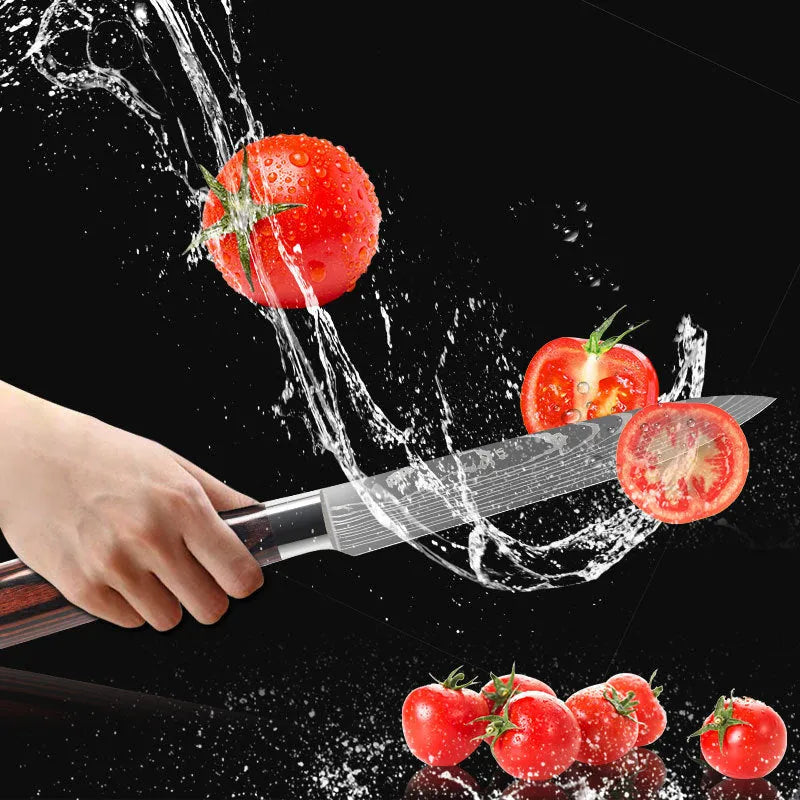 Kitchen chef knife with laser Damascus pattern on 5Cr15 steel blade and colour steel handle