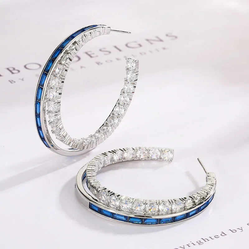 Silver needle geometric ring earrings with zirconia in red corundum or blue spinel, one pair for women