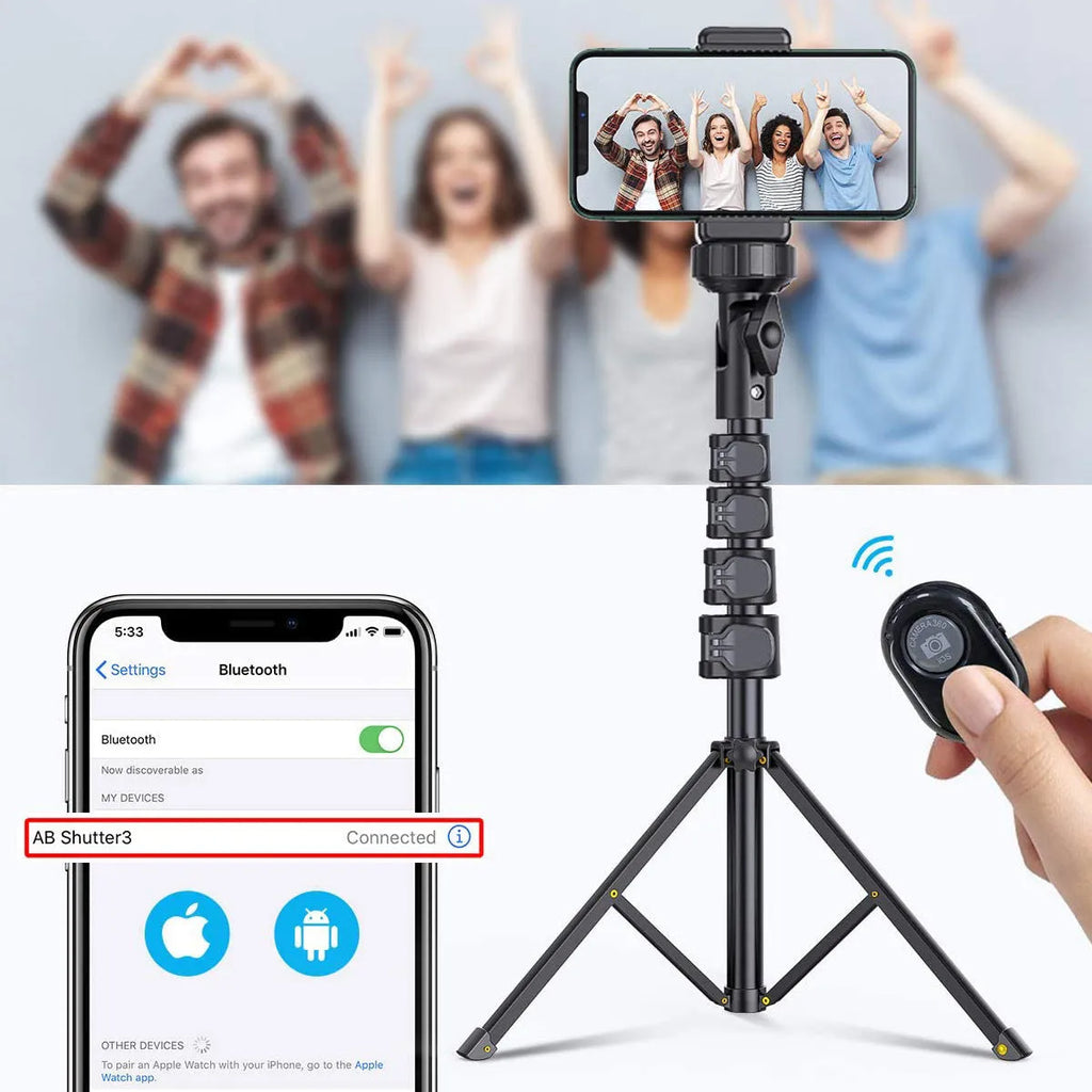 Black aluminium selfie stick tripod extended showing five sections with iPhone mounted