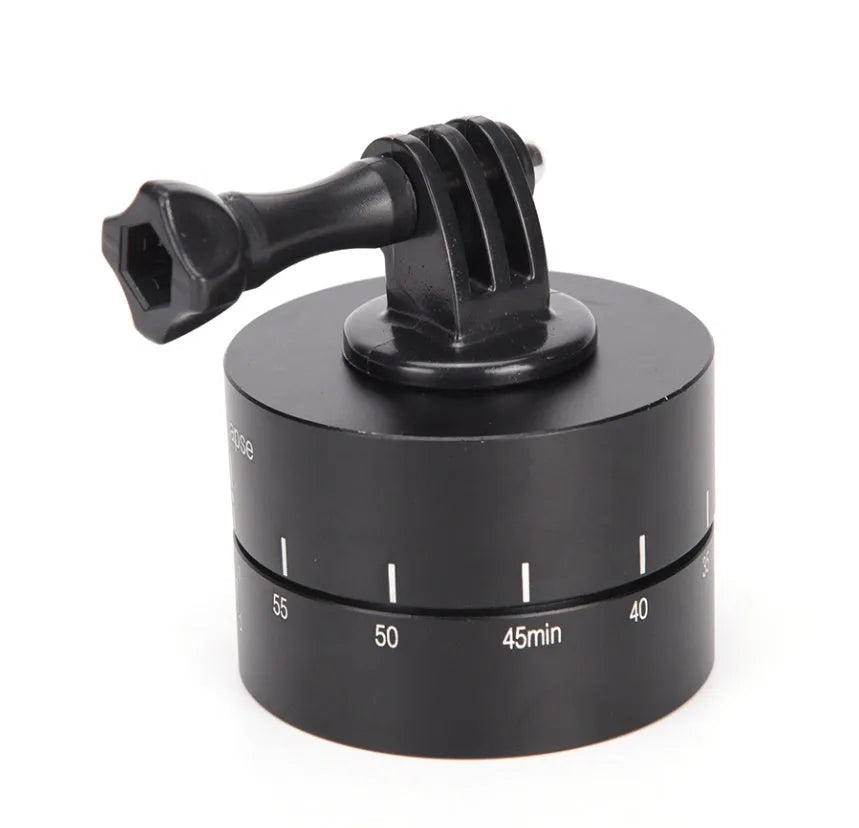 Auto-rotate 360-degree camera tripod head for GoPro and SLR timelapse photography on a tripod.
