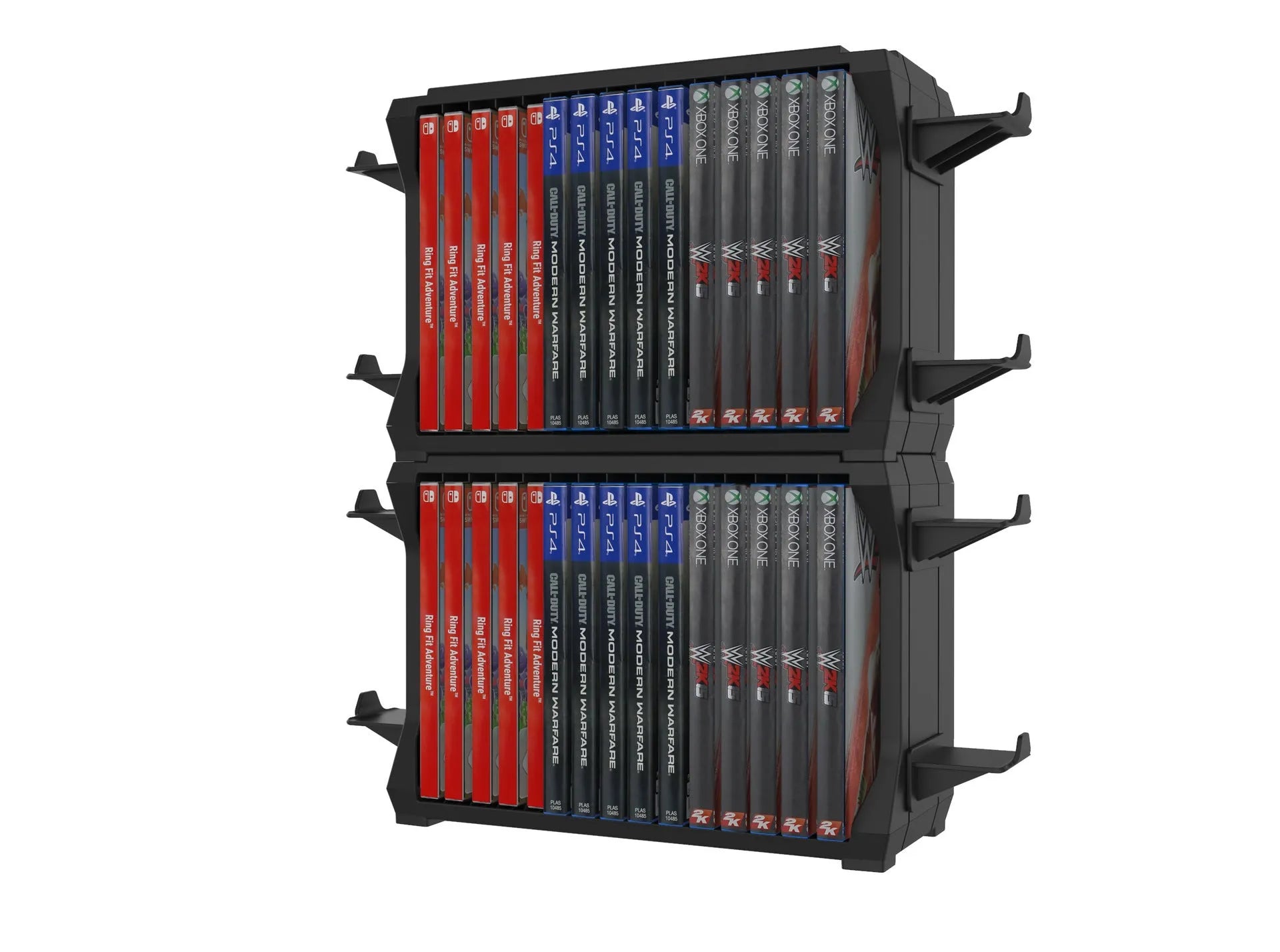 Black ABS plastic PS5 and Xbox Series X disc holder with slots for games and rests for four controllers.