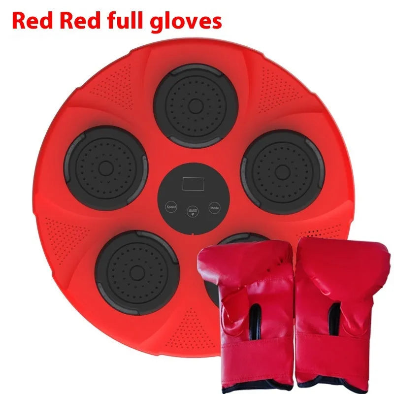Wall-mounted smart boxing trainer sandbag in black with LED lights on a white wall.