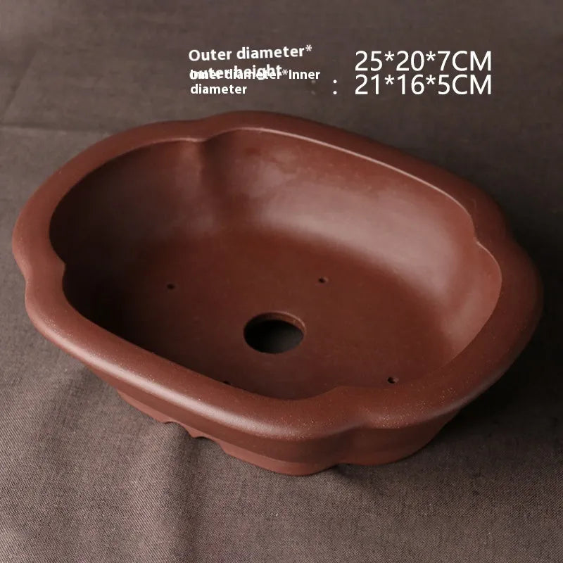 Handmade purple clay ceramic bonsai basin with classical Chinese styling showing dimensions