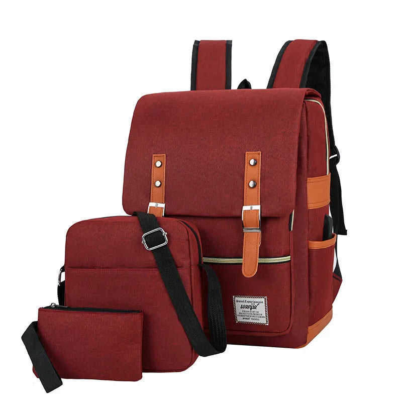 Three-piece business backpack set in Oxford cloth with curved shoulder straps, shown in wine red colour