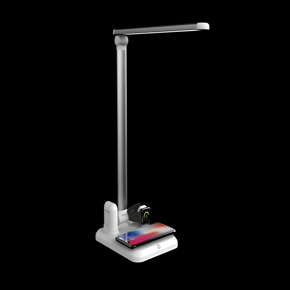 Black 4-in-1 LED desk lamp with adjustable arm and integrated wireless charging station on base