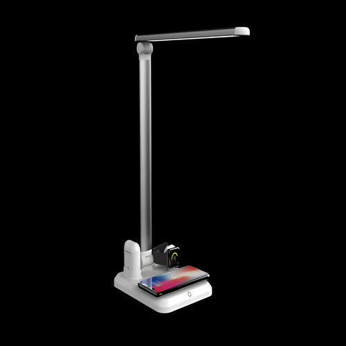 Black 4-in-1 LED desk lamp with adjustable arm and integrated wireless charging station on base