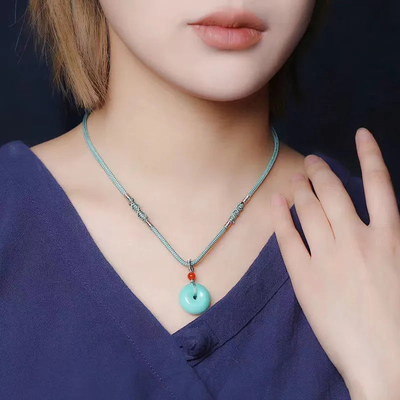 Natural turquoise peace buckle pendant necklace, 25mm round green polished turquoise pendant