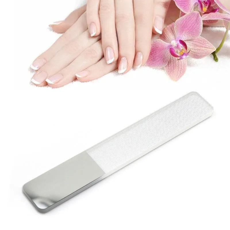 Transparent glass nail file 9 cm x 1.3 cm x 0.2 cm with physically polished surface for manicure use