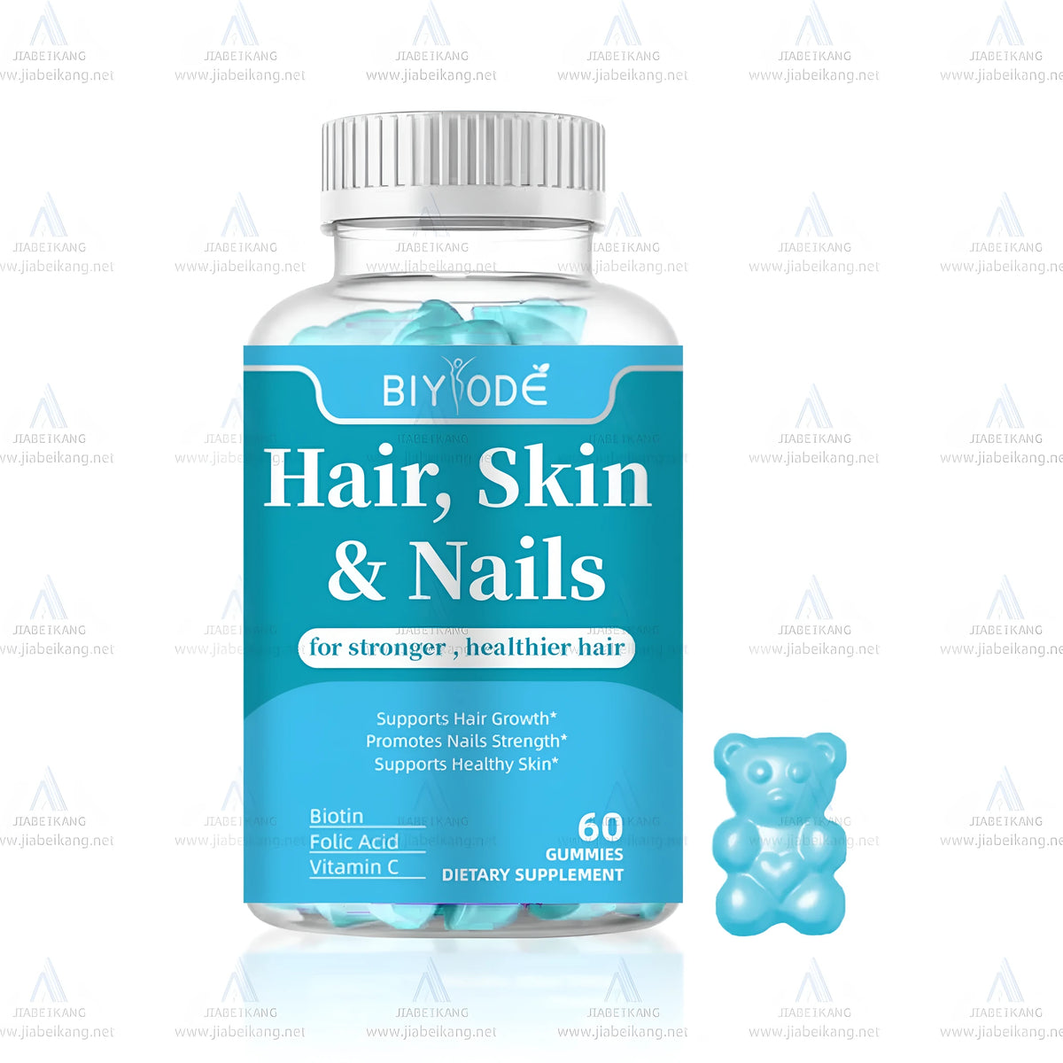 Bottle of hair skin and nails vitamin gummies with biotin, folic acid and vitamin C, 60 gummies