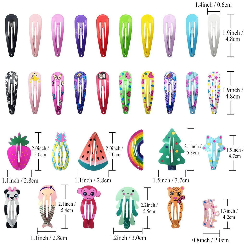Assortment of 100 metal hair clips in candy colours with cartoon designs of animals, fruits, crowns, and stars.