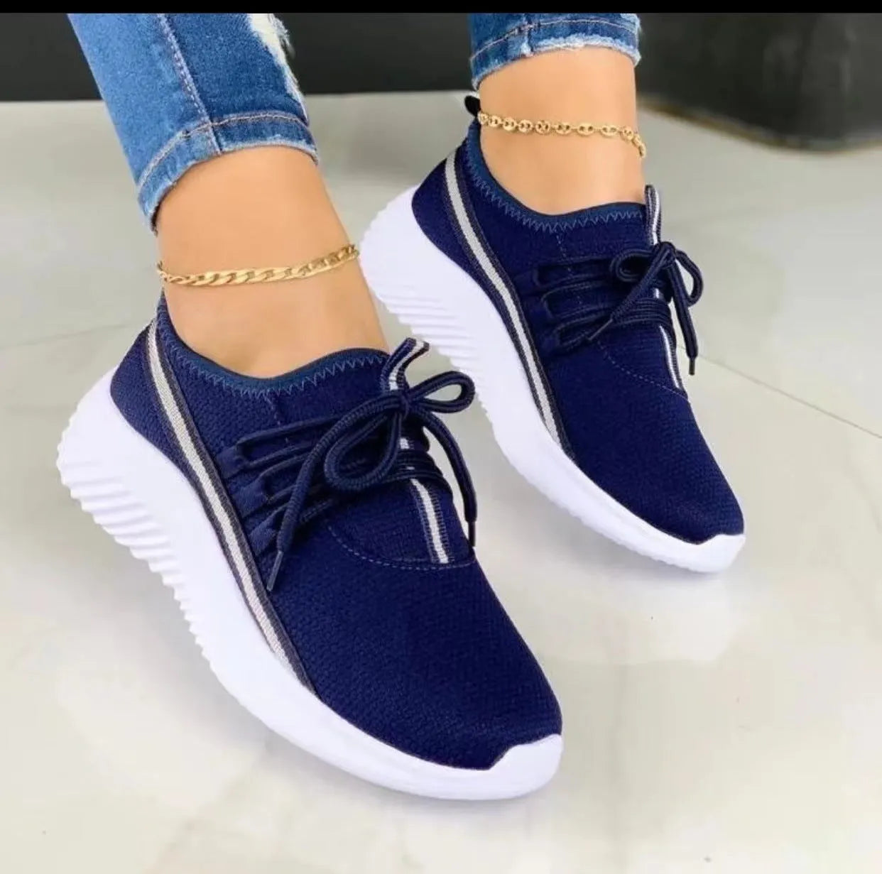 Women's stripe sneakers mesh upper flat heel lace-up casual trainer beige grey navy blue red sizes 35-43