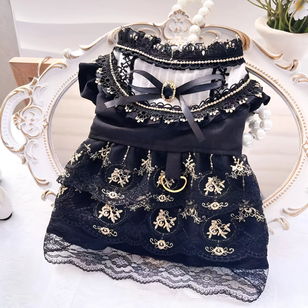 Golden Gothic princess-style skirt costume for a small dog or cat on a mannequin