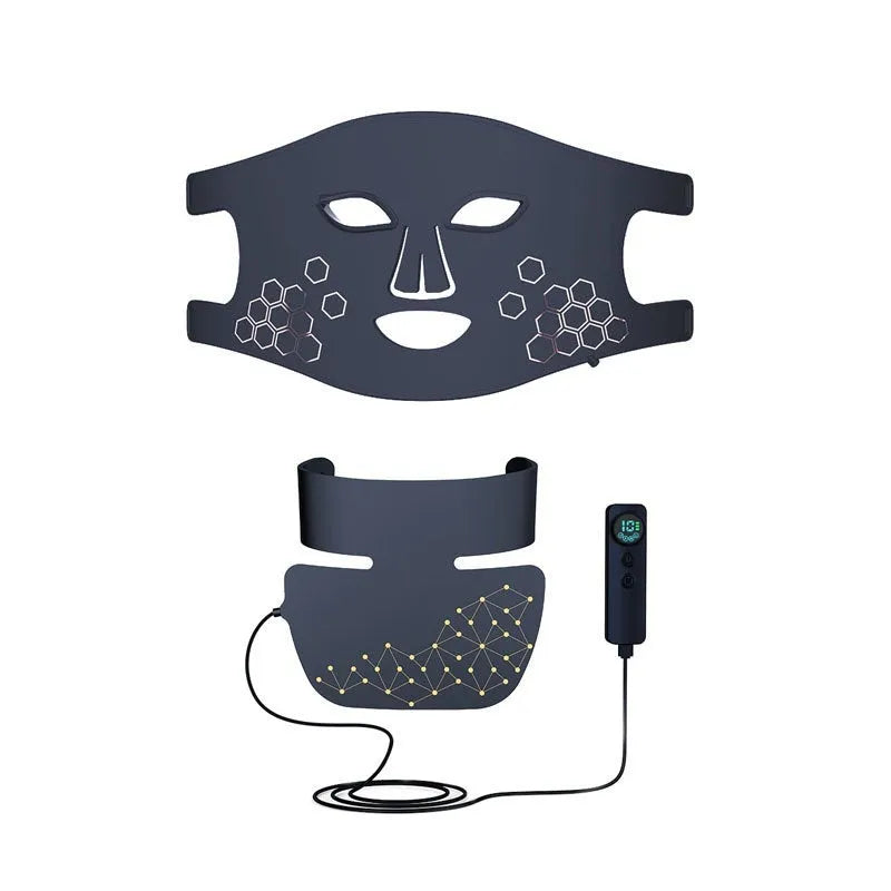 Black four-colour LED photon mask for home skin therapy on a white background.