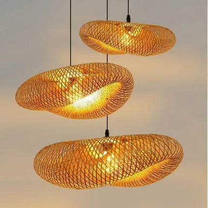 Bamboo woven hanging lamp with straw hat shape in natural material showing texture details