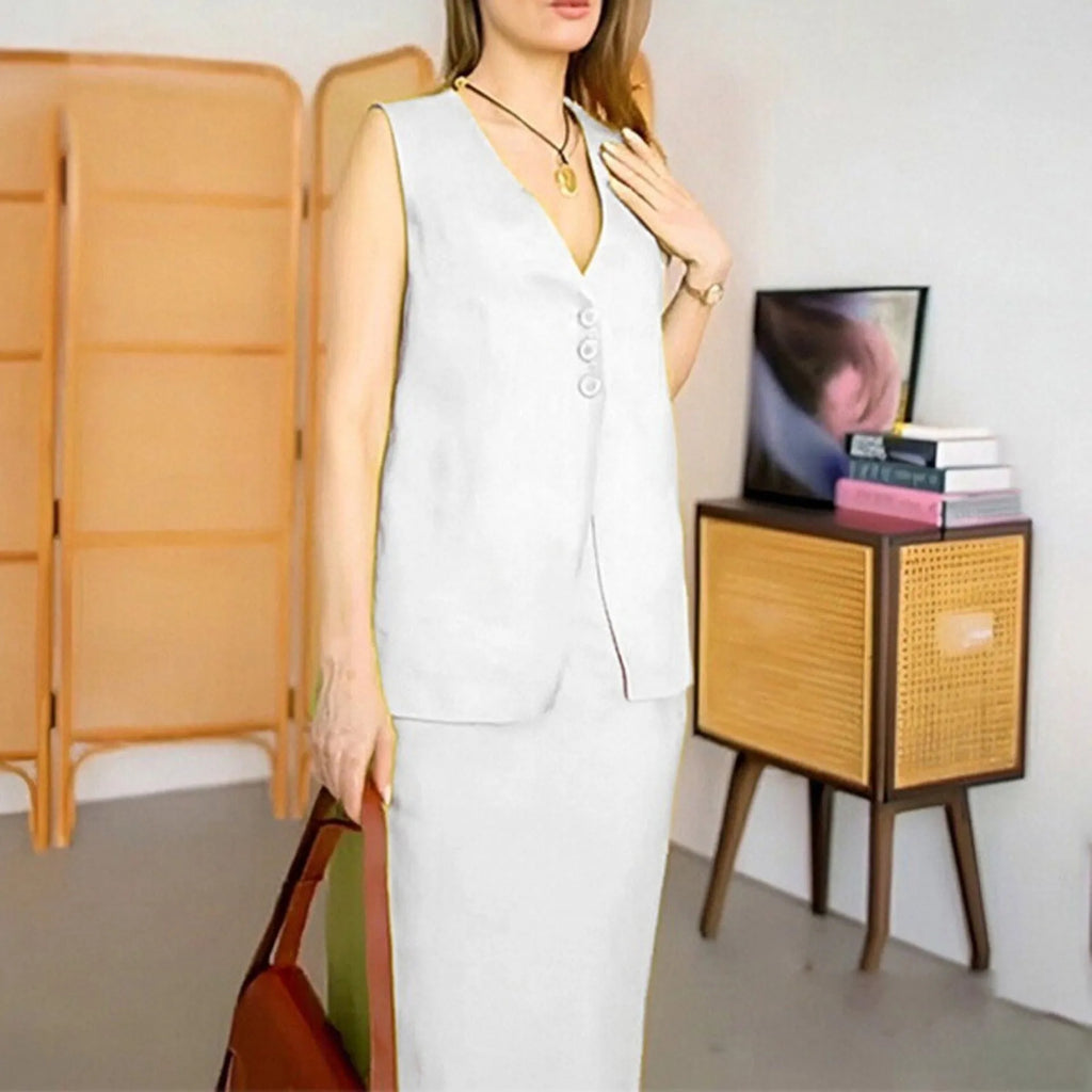 Women's casual two-piece suit with a sleeveless top and long skirt in a blue colour.