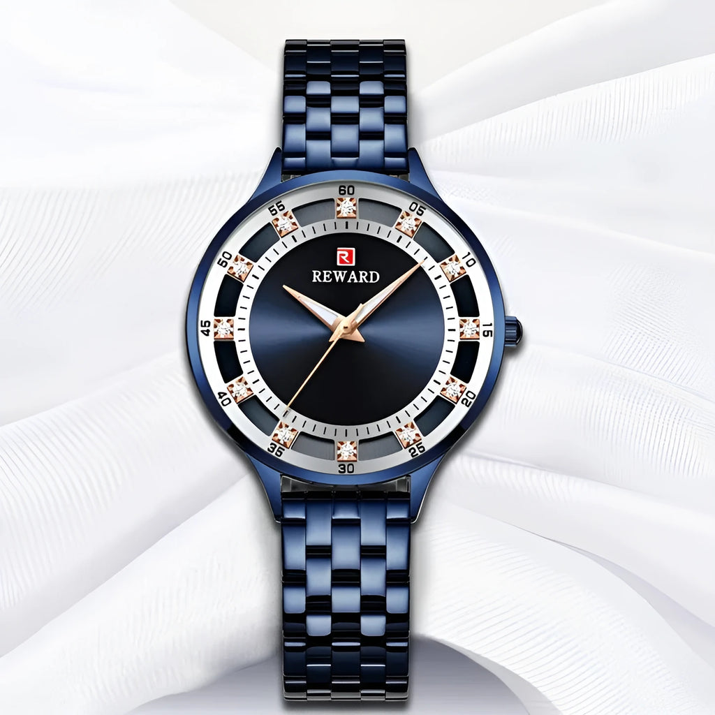 Women's quartz watch with steel belt, diamond detail, 8mm thickness, blue shell or rose shell or gold finish