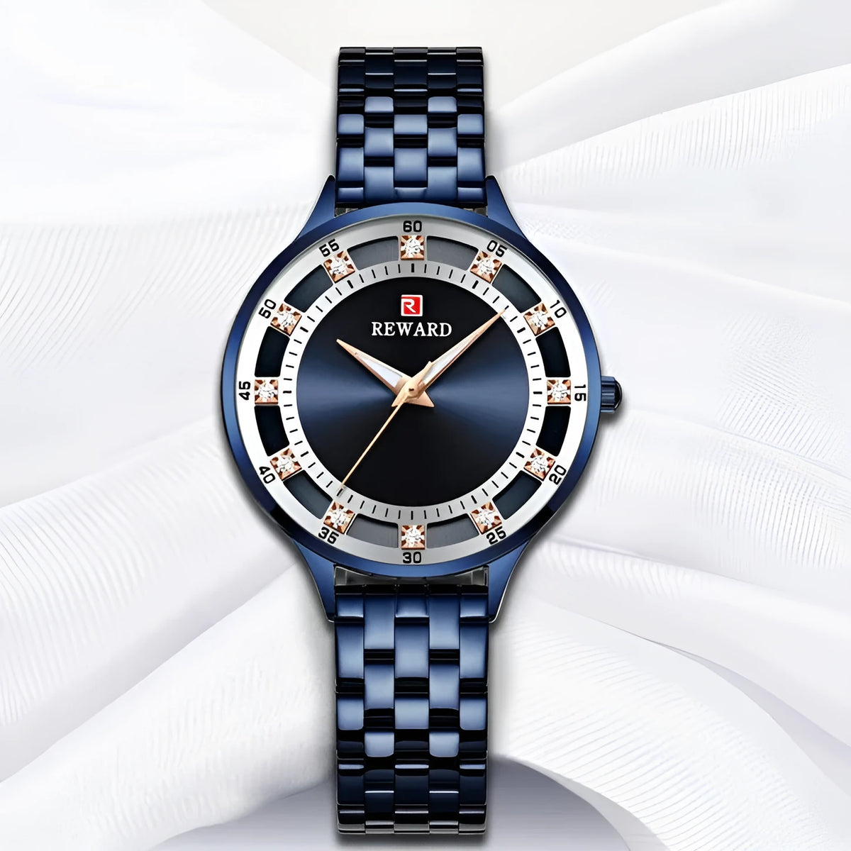 Women's quartz watch with steel belt, diamond detail, 8mm thickness, blue shell or rose shell or gold finish