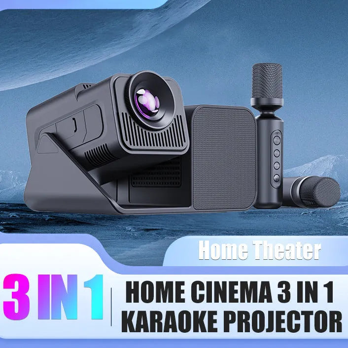 Three-in-one karaoke singing projector with microphone in black finish with 720p resolution