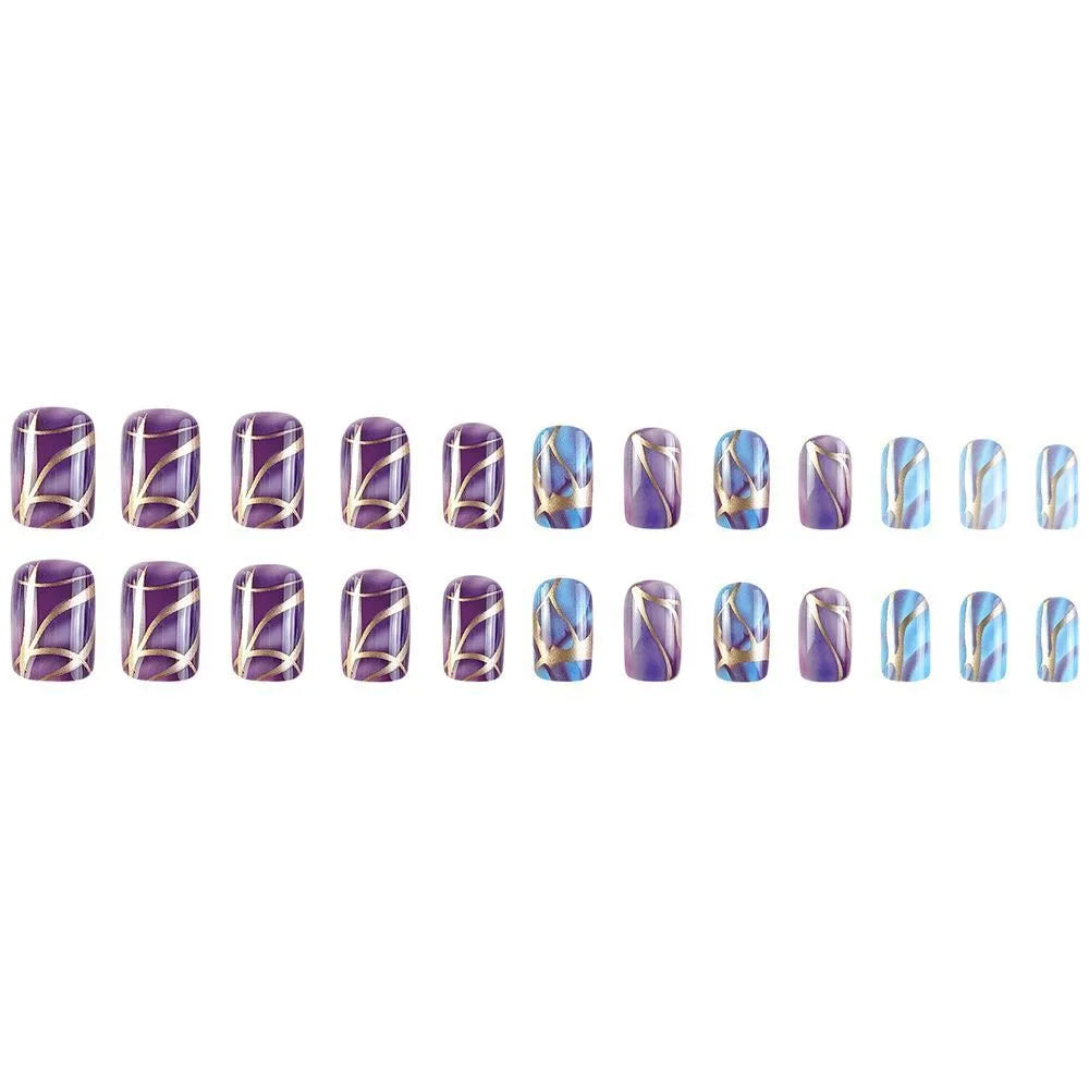 Purple striped nail stickers with European and American style design on medium-length nails