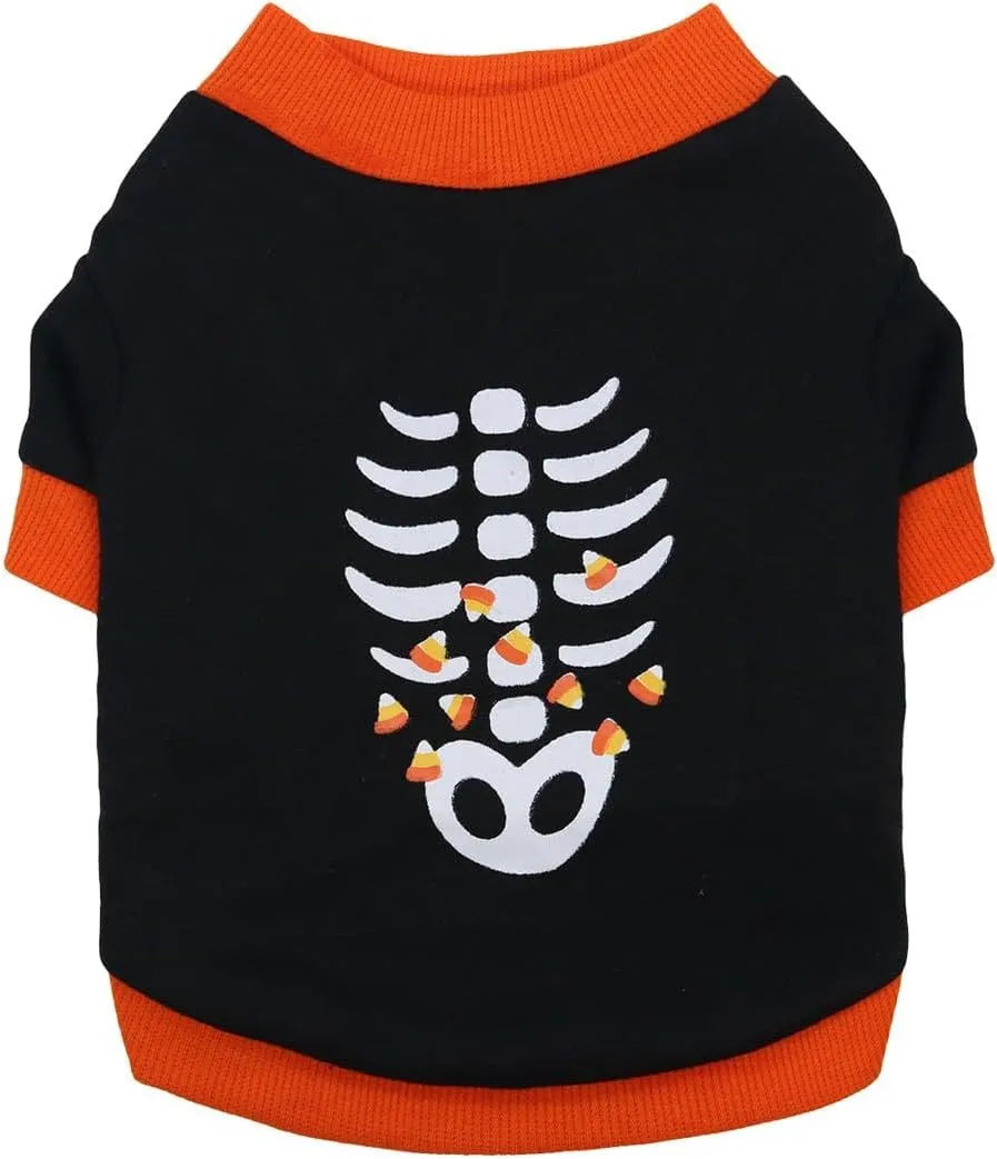 Halloween pet sweatshirt in orange and white cotton with skeleton pattern, ribbed collar and cuffs, sizes XS to XL.