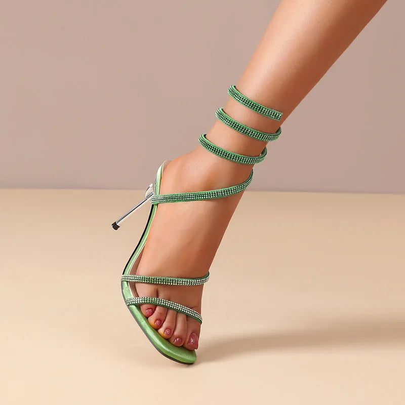 Women's rhinestone snake-shaped winding tape hollow stiletto heel sandals square toe PU upper