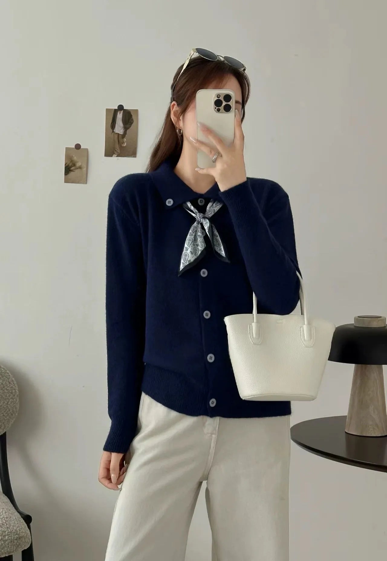 Lapel collar open front cardigan sweater in milky white acrylic knit