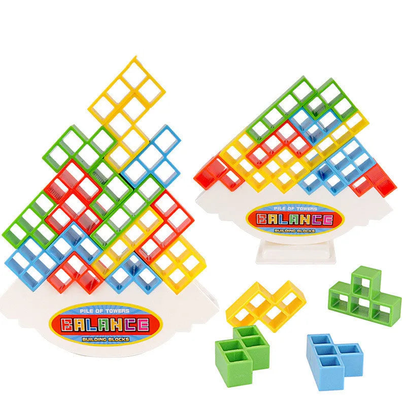 Plastic balance stacking game with 16 colourful blocks and chassis for family play