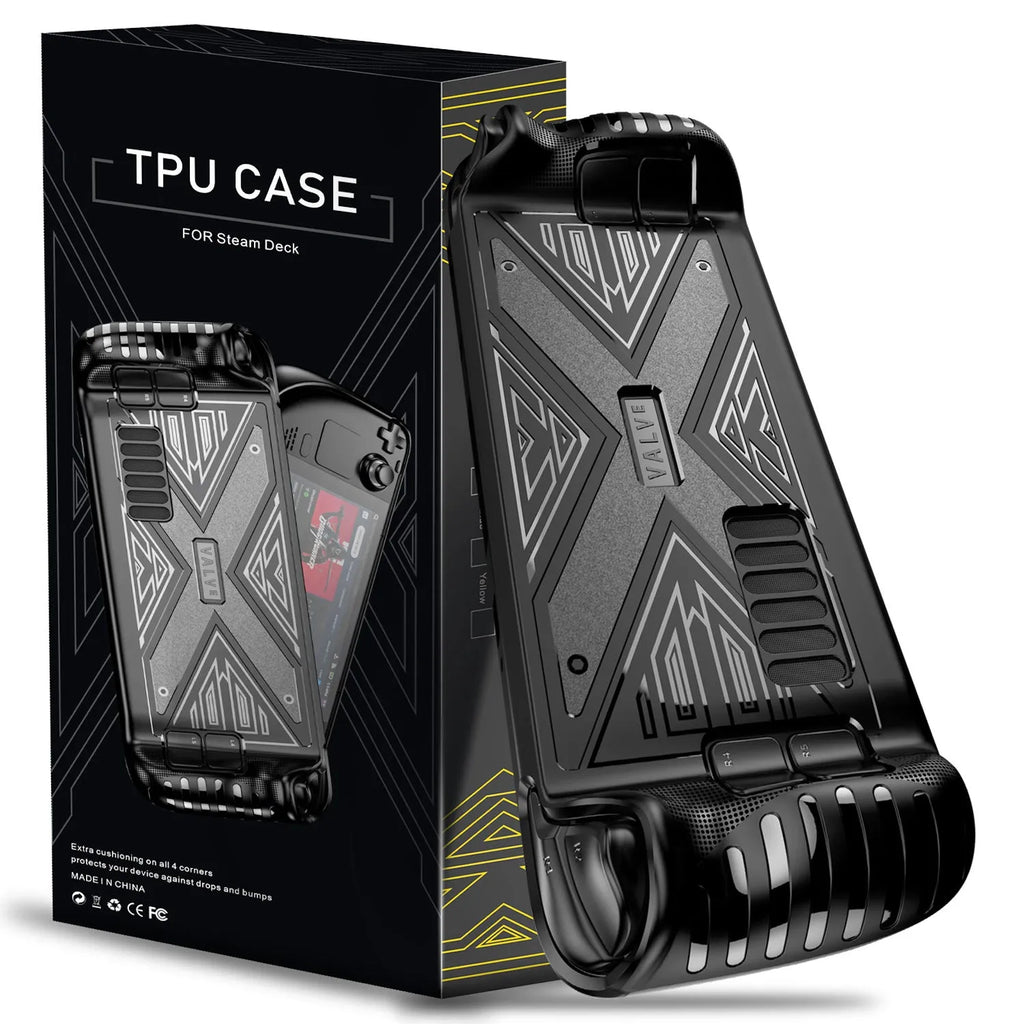 Steam Deck silicone protective case in red, blue, and black colour options showing flexible TPU construction