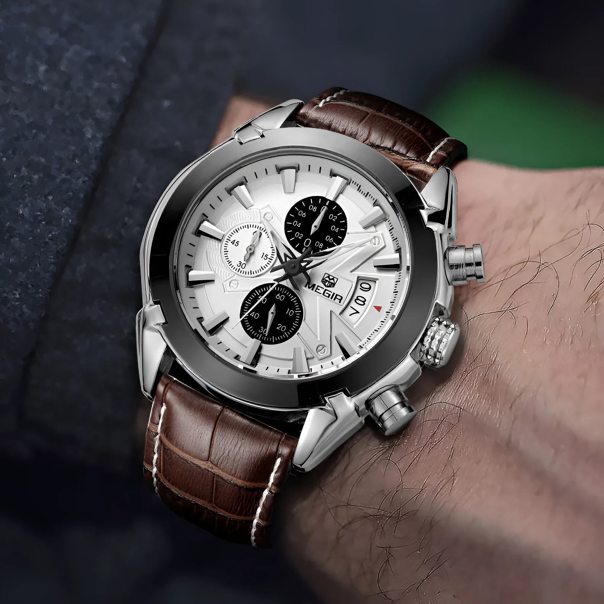 Men's quartz chronograph watch with three-eye dial showing six luminous hands on black or brown background