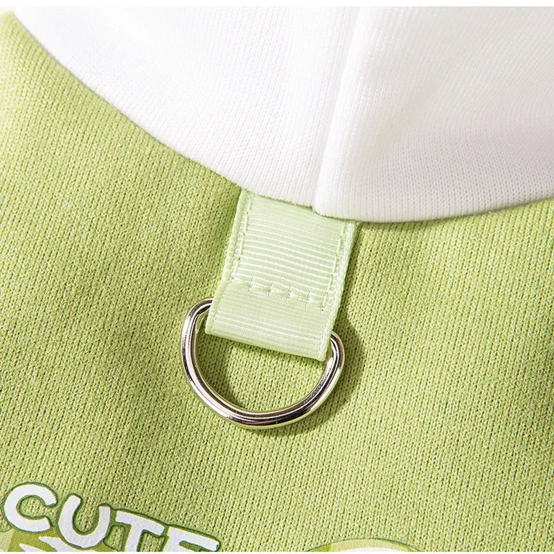 Blue thin fleece pet hoodie with white drawstring hood and cute cartoon dog graphic, sizes XS to XXL