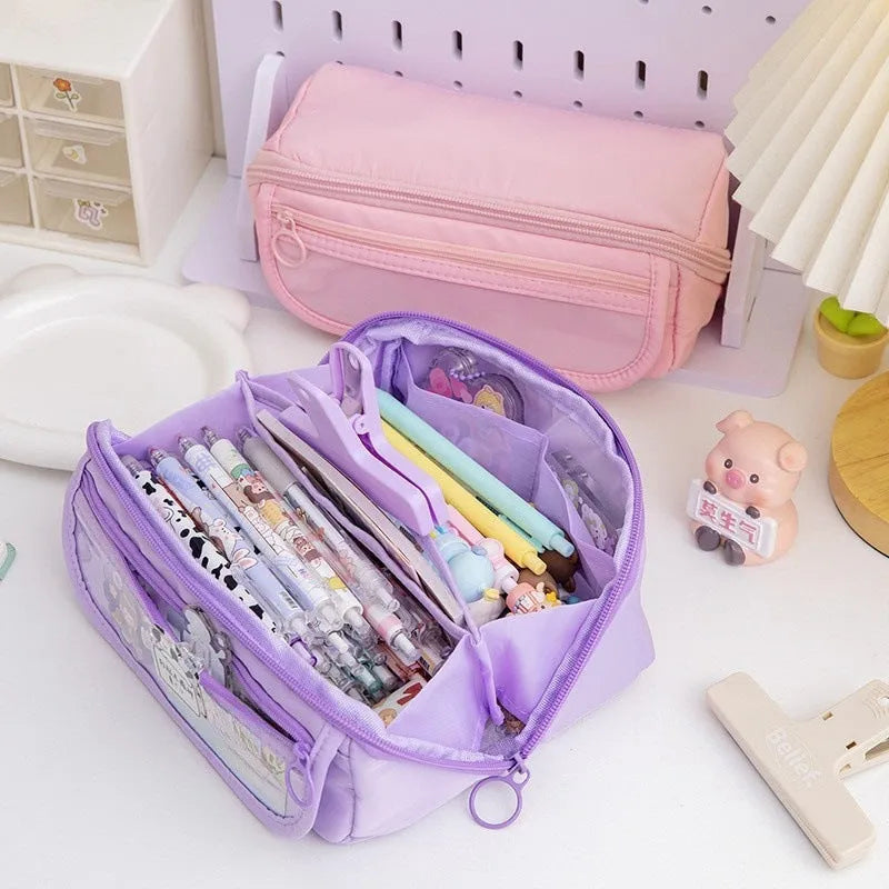 Korean-style ten-layer flip pencil case in canvas with multiple compartment storage