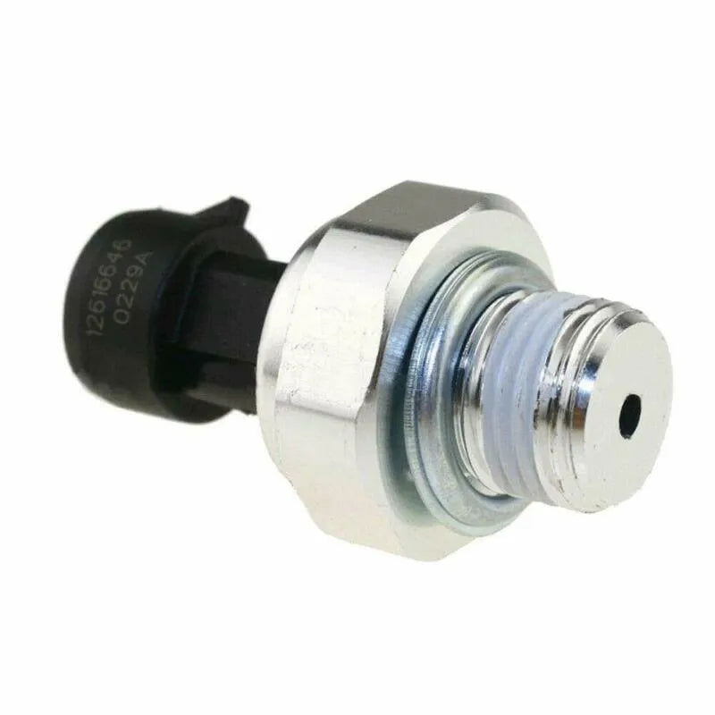 GM oil pressure sensor with electrical connector for Buick Chevrolet vehicles, part numbers 12573107 12567323 visible.