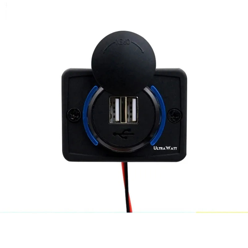 Black 12V dual USB car charger for vehicle installation with mounting screws