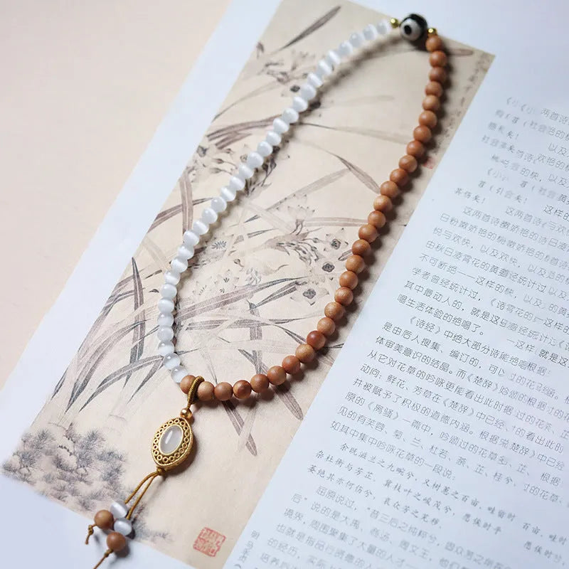Women's sandalwood opal double ring bracelet with mixed materials and retro design