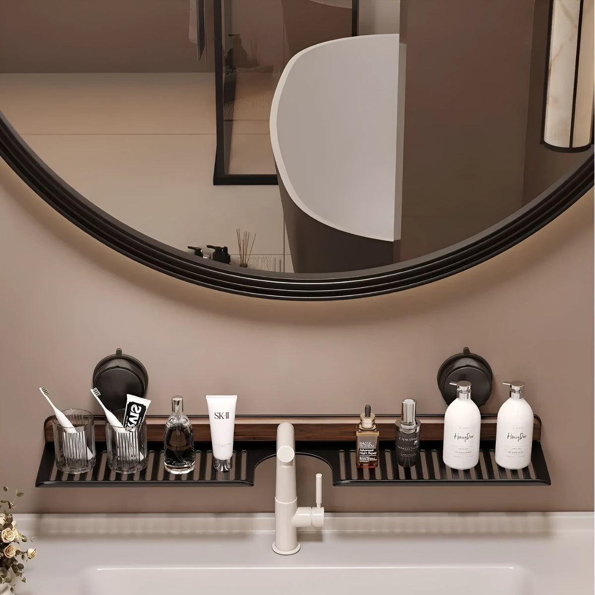Aluminium alloy faucet hanging rack in black or milky white, over sink shelf, 40cm to 80cm widths