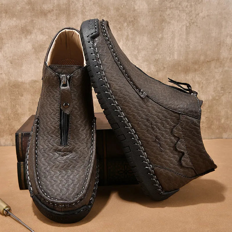 Men's slip-on leather loafers in black, brown and grey colours with round toe and rubber sole