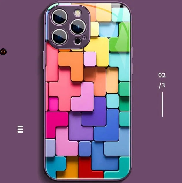 Silicone iPhone case with colourful cartoon geometry pattern on the back.