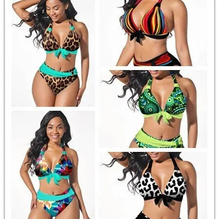 Women's colourful printed plus size two-piece bikini swimsuit on a hanger.
