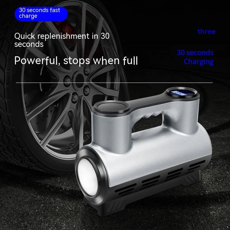 12V portable car tyre inflator with pressure gauge and LED light on black background