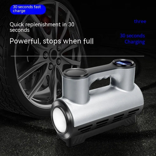 12V portable car tyre inflator with pressure gauge and LED light on black background