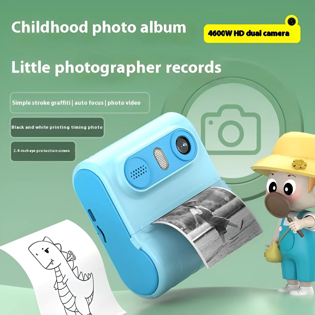 Children's instant printing camera with dual HD cameras in pink colour, showing included lanyard and printing paper