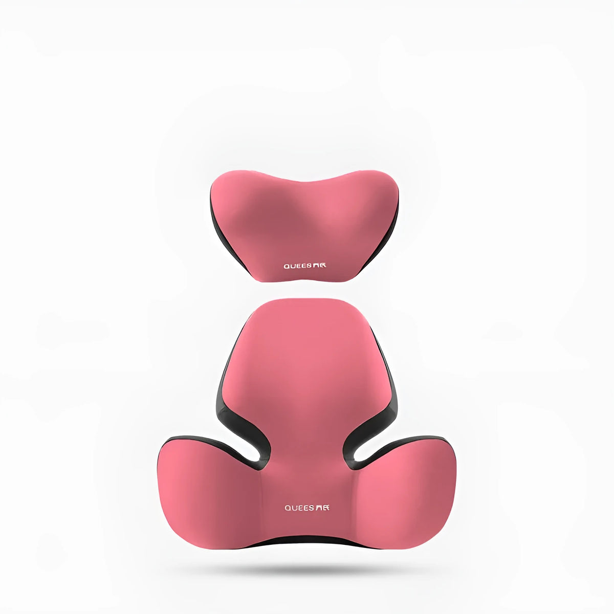Black grey memory foam automotive lumbar support pillow and headrest on a car seat.