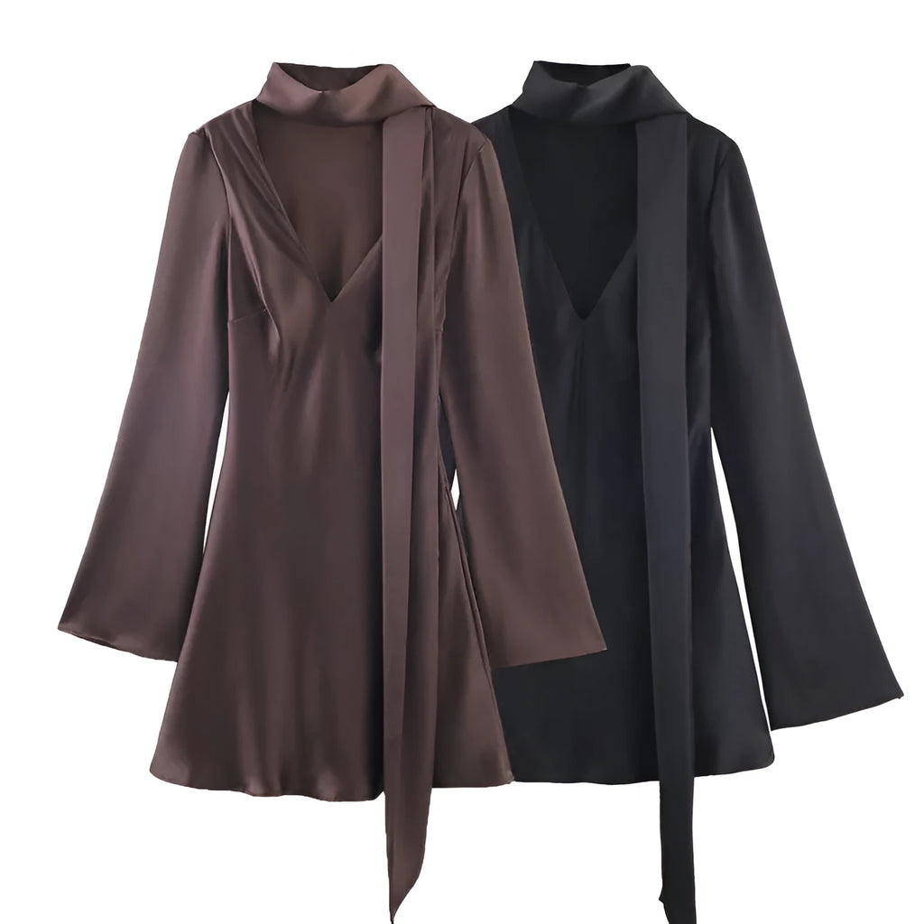 Women's hooded long sleeve pleated short scarf dress in brown or black, knitted mercerized cotton, sizes XS to L