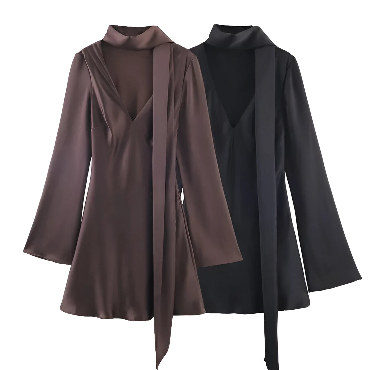 Women's hooded long sleeve pleated short scarf dress in brown or black, knitted mercerized cotton, sizes XS to L
