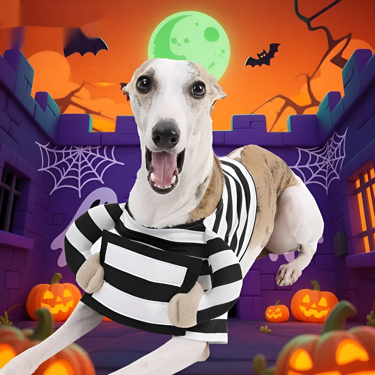 Striped black and white dog Halloween pet costume in polyester, available in sizes S M L XL