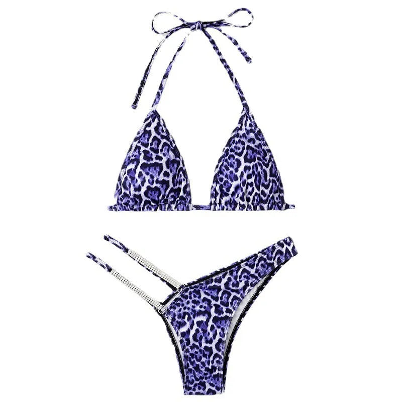 Leopard print bikini set in yellow, black, purple, or green, sizes S, M, L, polyester two-piece